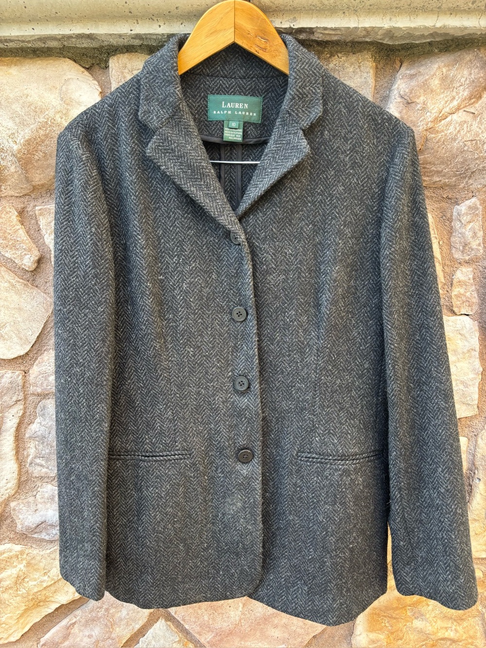 Lauren Ralph Lauren Gray Herringbone Wool Blazer Jacket Womens Sz 10 Vintage